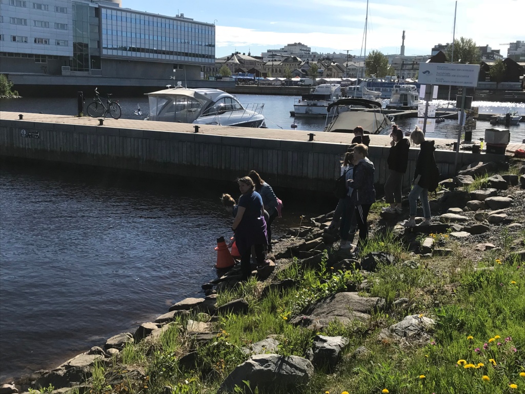 At least 10 pupils at Oulu's harbor, standing close to water. 